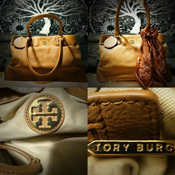 Vintage Y2K Tory Burch Tan soft Leather Tote handbag shoulder bag with scarf - Picture 8 of 17